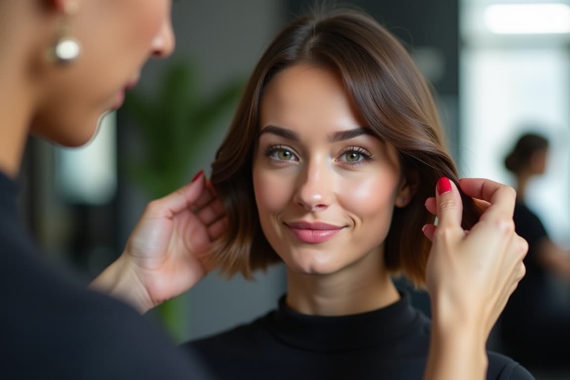 Mulher com corte de cabelo moderno e elegante.
