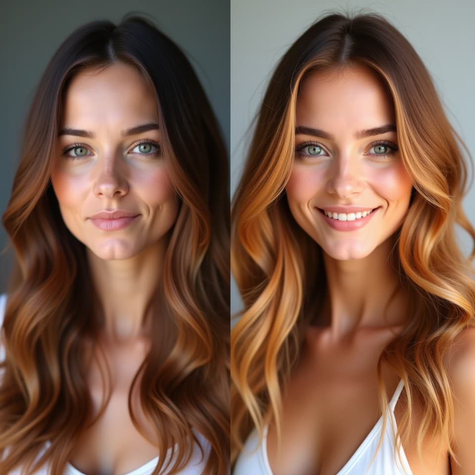 Comparativo de antes e depois de coloração capilar.