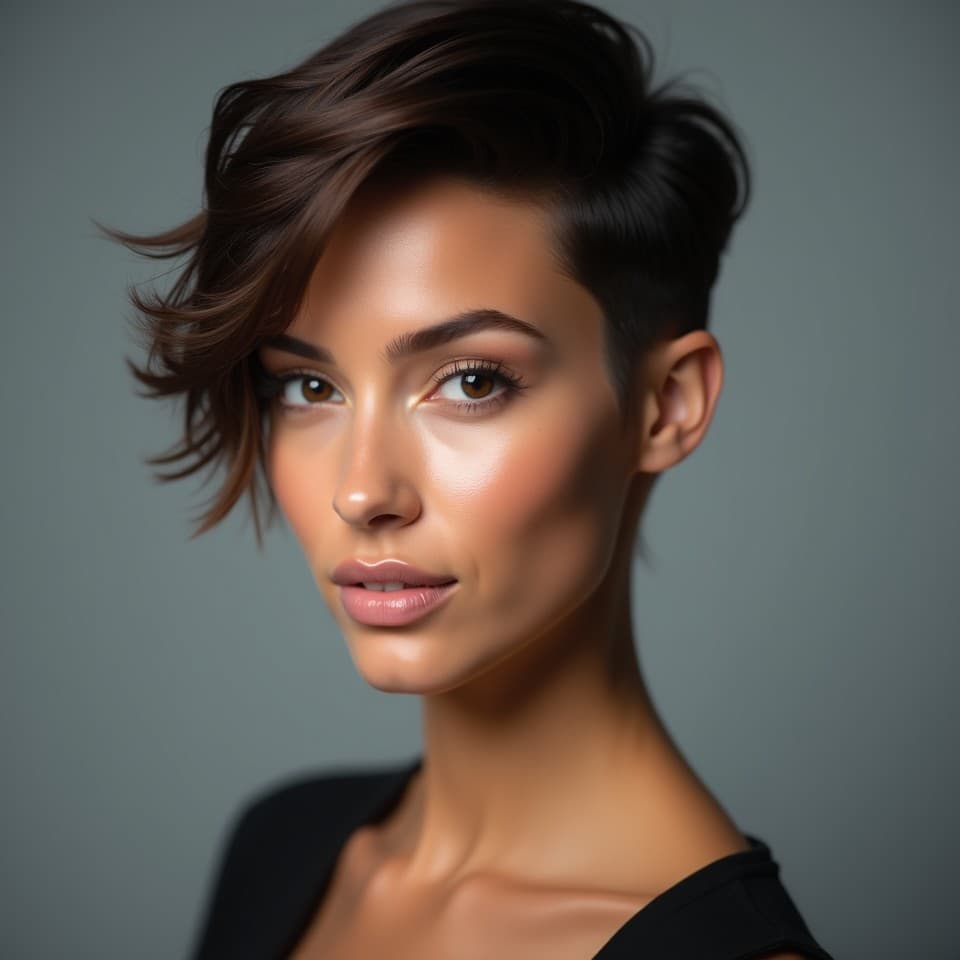 Mulher com corte de cabelo assimétrico moderno e estiloso.